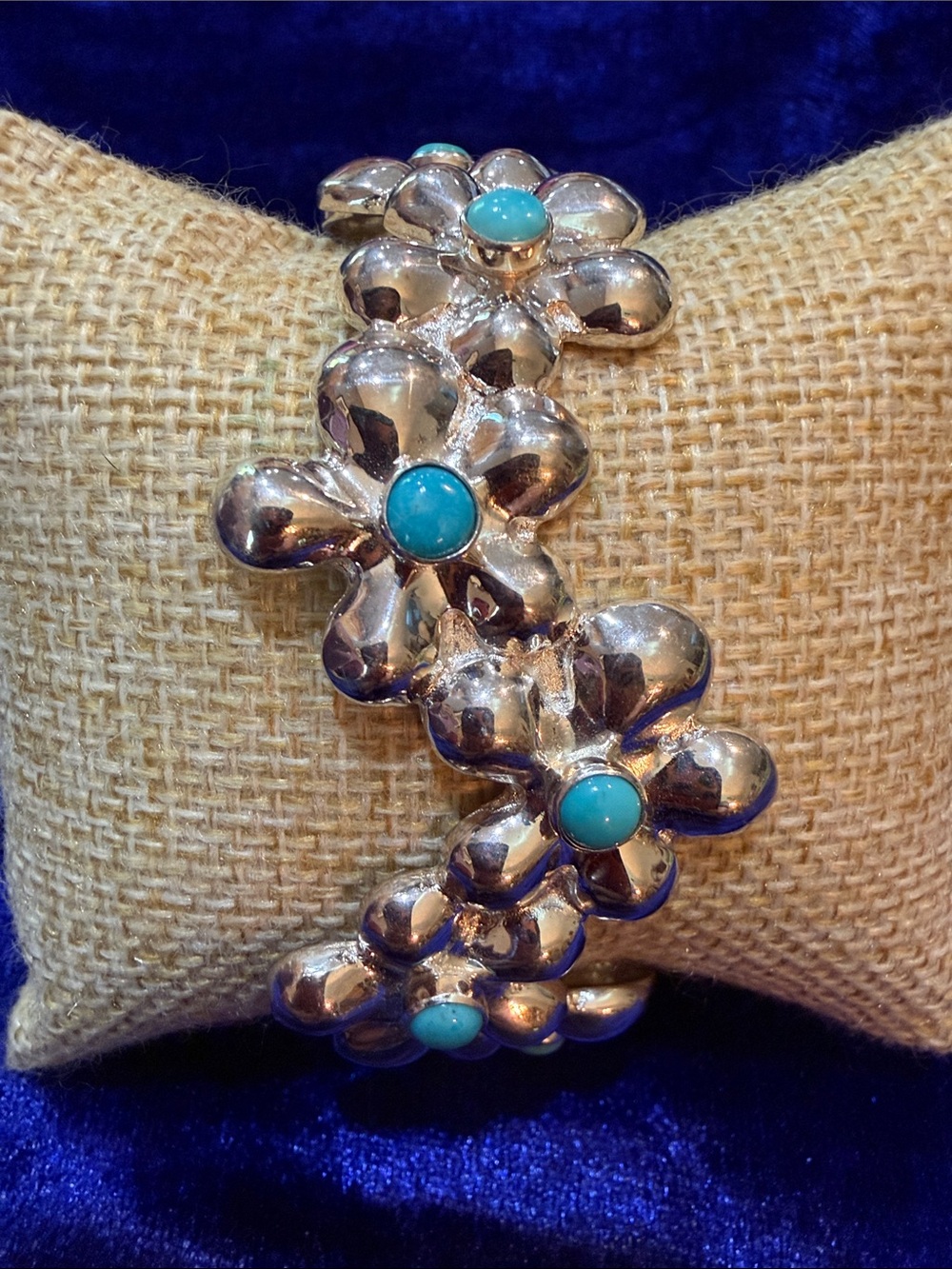 Silver Floral Bracelet with Turquoise Stones-31 grams, 5.5”w/1.5”gap.(236)